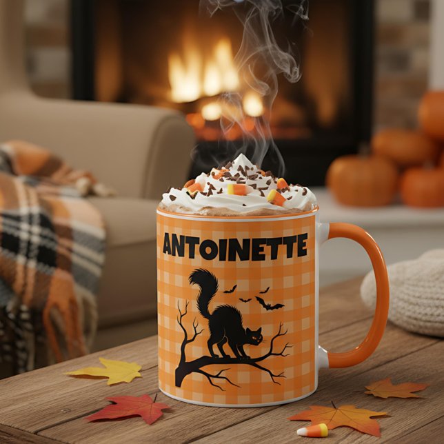 Mug Chat noir et chauves-souris d'Halloween sur plaid  (Créateur téléchargé)