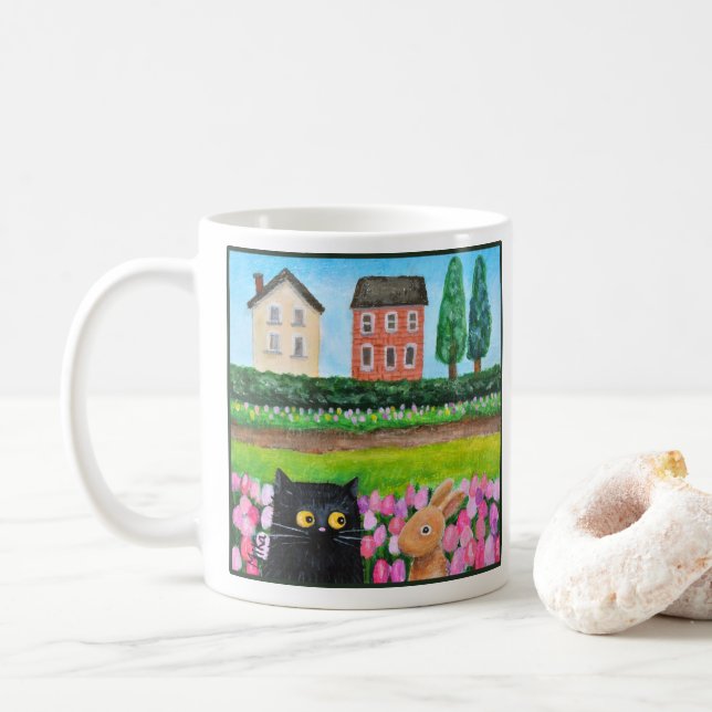 Mug Chat noir et lapin bunny dans un parterre de tulip (Avec donut)