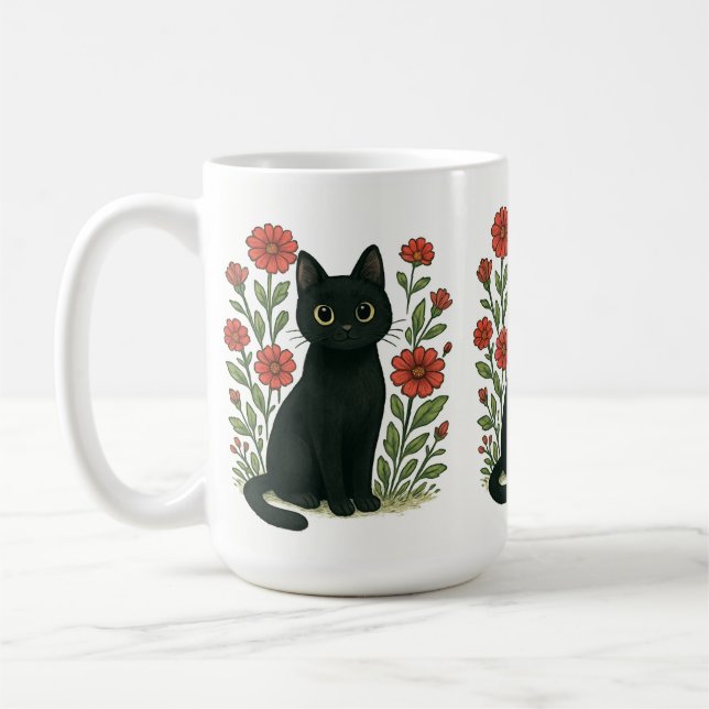 Mug Chat Noir & Fleurs Rouges (Gauche)