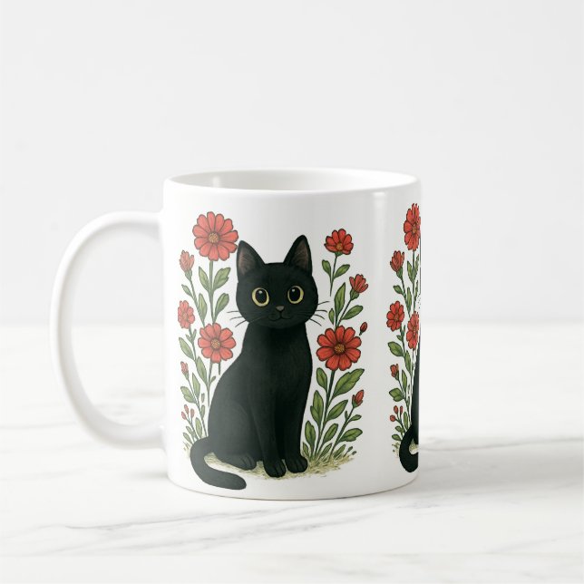 Mug Chat Noir & Fleurs Rouges (Gauche)