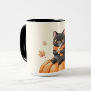 Mug Chat noir kawaii Cozy Autumn Latte épice de citrou