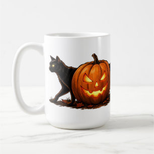 Mug Chat noir long et effrayant derrière une citrouill