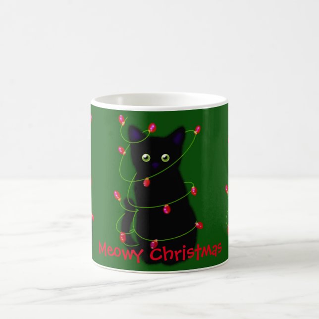 Mug chat noir | Meowy Christmas | lumières scintillant (Centre)