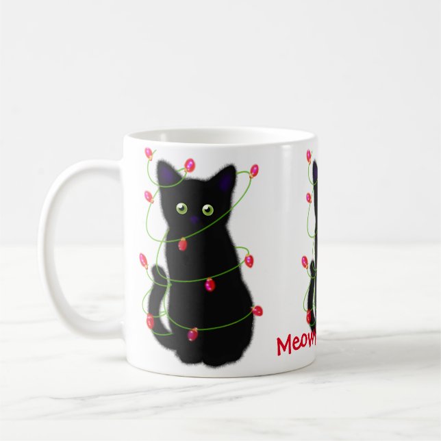 Mug chat noir | Meowy Christmas | lumières scintillant (Gauche)