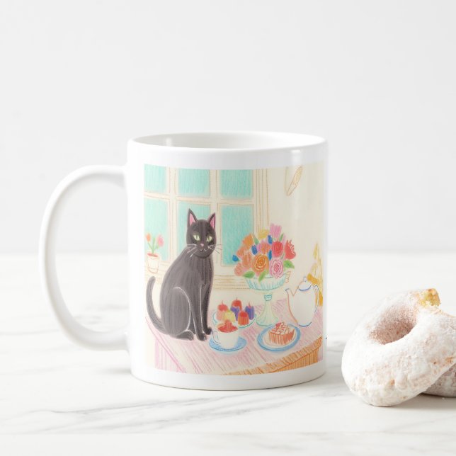 Mug Chat Noir Mignon à la Fête de Thé (Avec donut)