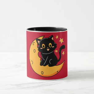 Mug Chat noir mignon assis sur la lune