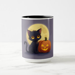 Mug Chat noir mignon avec Citrouille sculpté brillant
