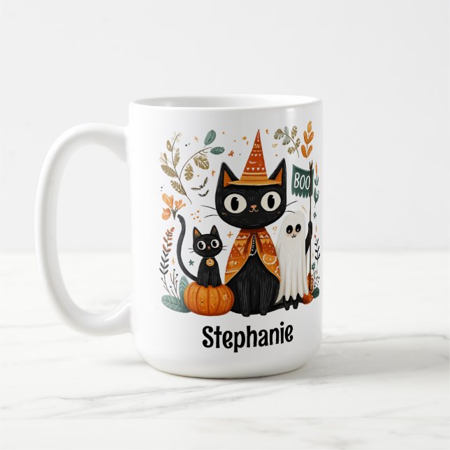 Mug Chat noir mignon personnalisé et Halloween fantôme (Gauche)