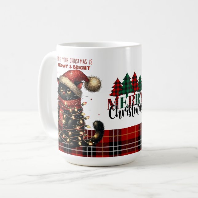 Mug Chat noir mignon serré dans les lumières de Noël (Devant gauche)