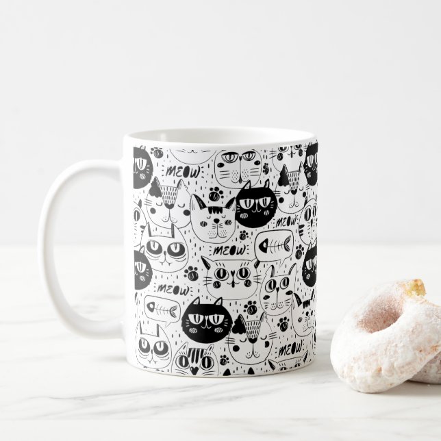 Mug chat noir miow mignon doodé (Avec donut)