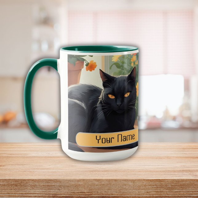 Mug Chat noir personnalisé avec fleurs en pot (Personalized Black cat with potted flowers Mug)