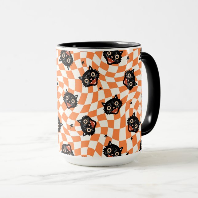 Mug Chat noir rétro Motif chèque orange (Devant droit)