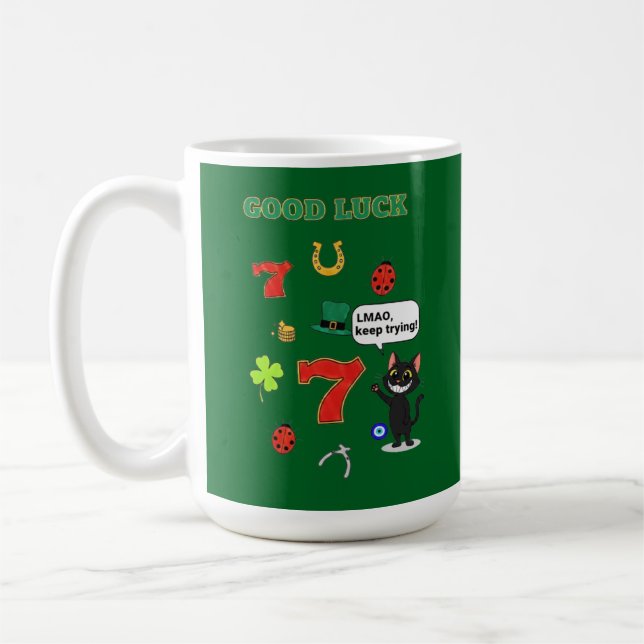 Mug Chat noir sarcastique et charmes porte-bonheur (Gauche)