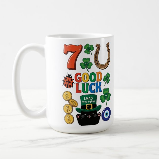 Mug Chat noir sarcastique et charmes porte-bonheur (Gauche)