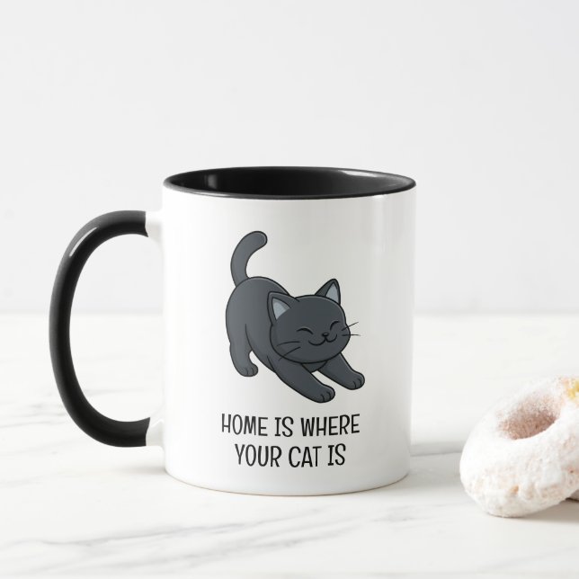 Mug Chat noir s'étirant Texte personnalisé (Avec donut)