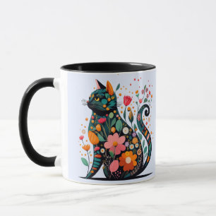 Mug Chat noir silhouette faite de fleurs colorées