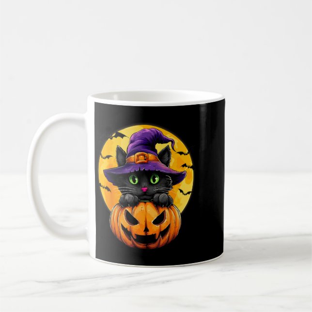 Mug Chat noir Sorcière Citrouille Chauves-souris Hallo (Gauche)