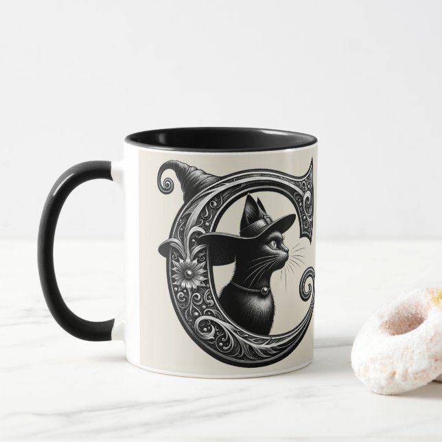 Mug Chat Noir Sorcière Lettre C Initiale Personnalisée (Avec donut)