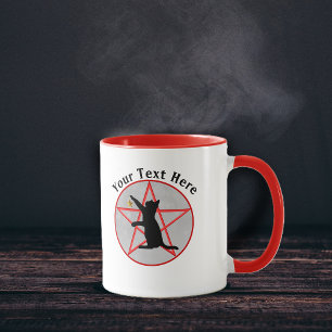 Mug Chat noir sorcière sur Pentagram Gris en cercle