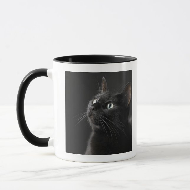 Mug Chat noir sur le fond noir, plan rapproché (Gauche)
