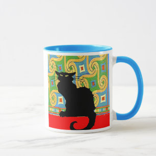 Mug Chat noir sur le papier peint abstrait, chat noir
