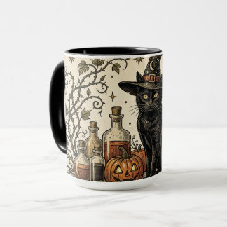 Mug Chat noir vintage avec citrouille, lune croissante