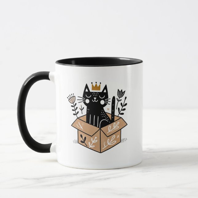 Mug Chat noir Whimsical dans une boîte avec couronne (Gauche)
