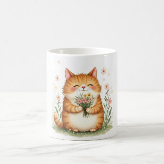 Mug Chat orange avec un bouquet de fleurs