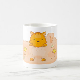 Mug Chat orange dans une scène de plage avec château d