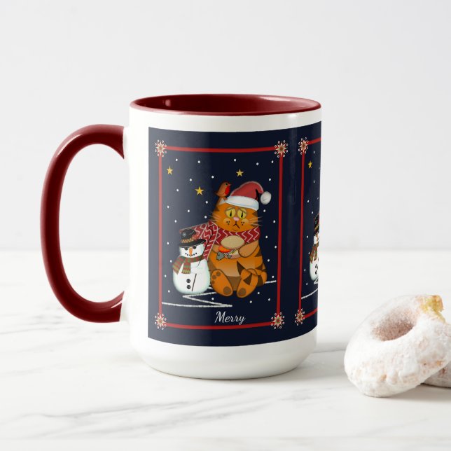 Mug Chat Père Noël mignon, bonhomme de neige et texte  (Avec donut)