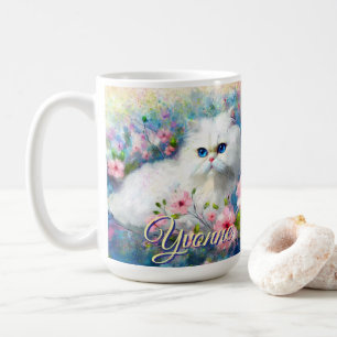 Mug Chat Persan Yeux Bleus dans des Fleurs Roses Perso