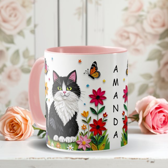 Mug Chat personnalisé, Fleurs et Papillons   (Créateur téléchargé)