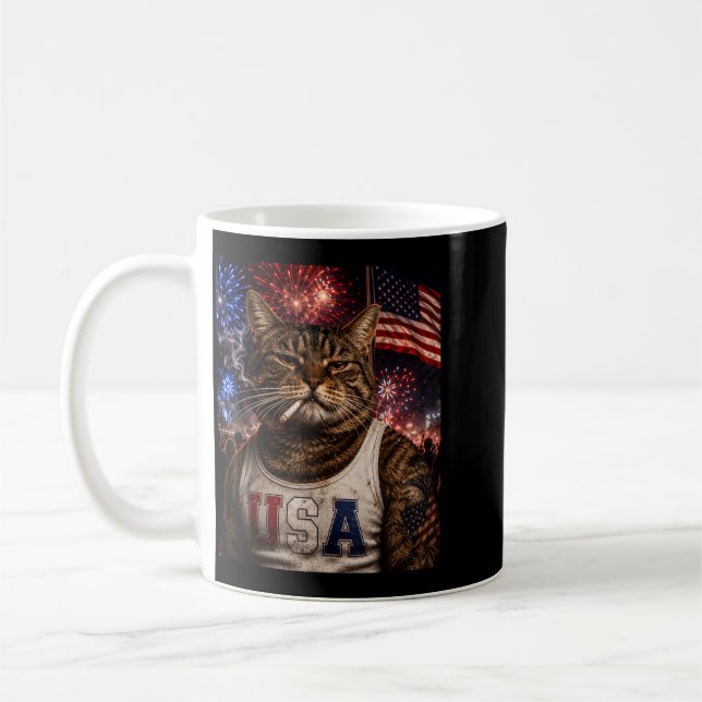 Mug Chat qui Fume Drapeau Usa Fête Nationale (Gauche)
