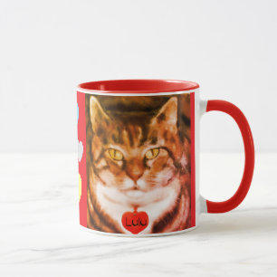 Mug Chat rayé orange avec garniture rouge et cœur