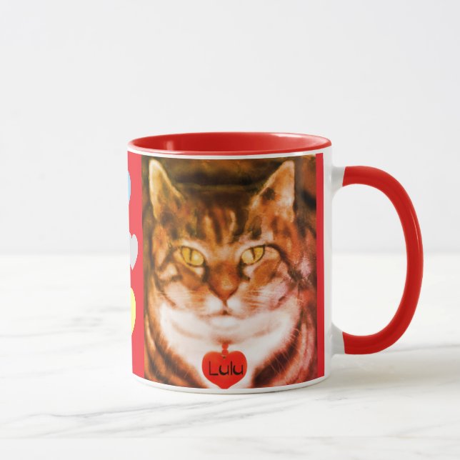 Mug Chat rayé orange avec garniture rouge et cœur (Droite)