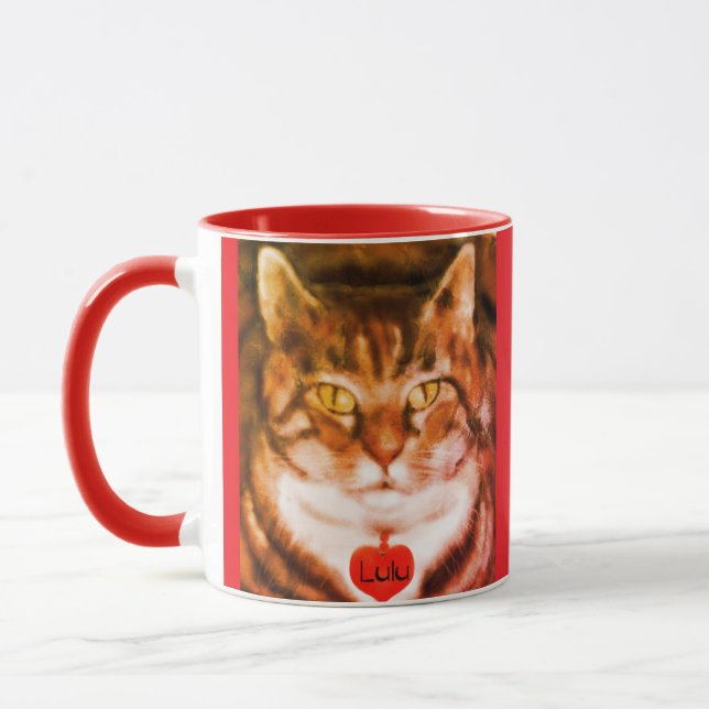 Mug Chat rayé orange garniture rouge (Gauche)