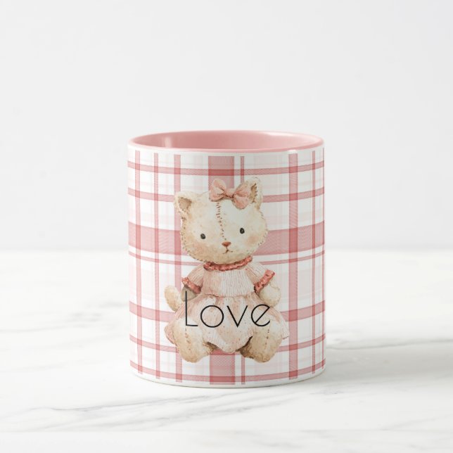 Mug Chat rayures carreaux roses (Centre)