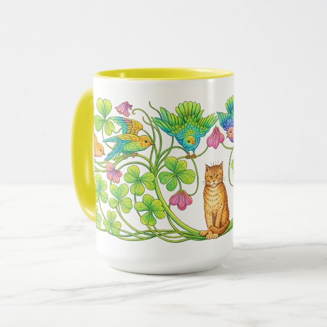 Mug Chat rétro de l'ère victorienne, trèfle et oiseaux (Devant gauche)