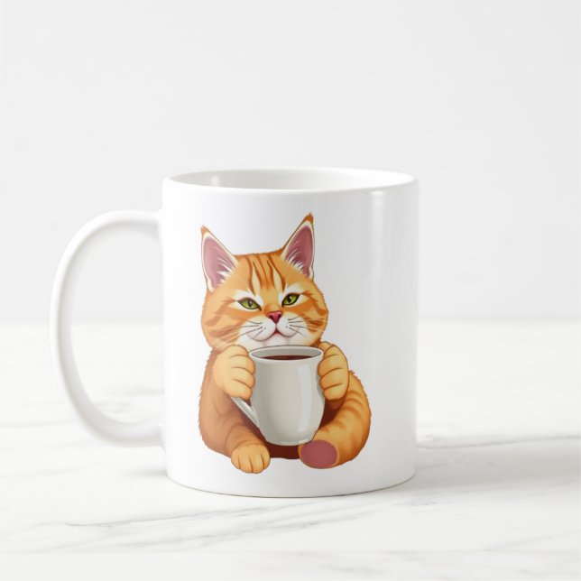 Mug Chat roux mignon buvant du café graphique (Gauche)