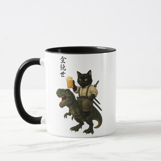 Mug Chat Samouraï avec Bière & T-Rex | Art Japonais Ré (Gauche)