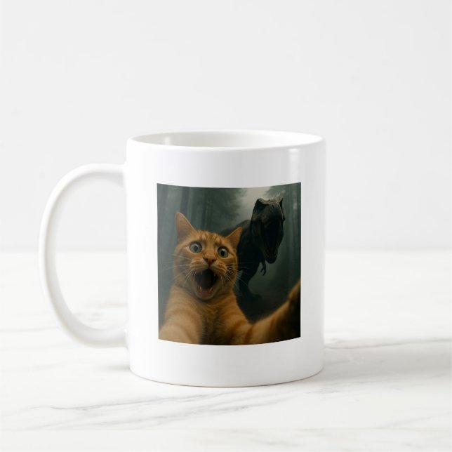 Mug Chat selfie avec T-Rex dinosaure Comédie Animal (Gauche)