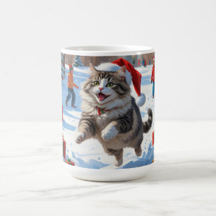 Mug Chat Sibérien Courant dans la Neige avec un Chapea