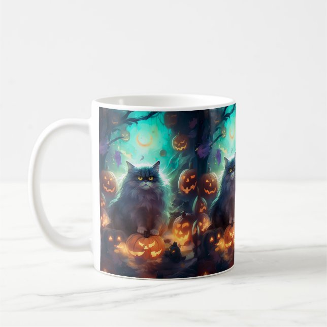 Mug Chat Sibérien d'Halloween avec citrouilles effraya (Gauche)