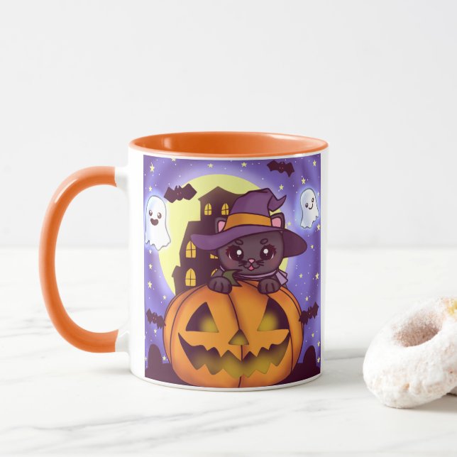 Mug Chat-sorcier d'Halloween (Avec donut)