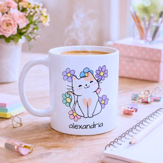 Mug Chat souriant avec Monogramme de fleurs (Créateur téléchargé)