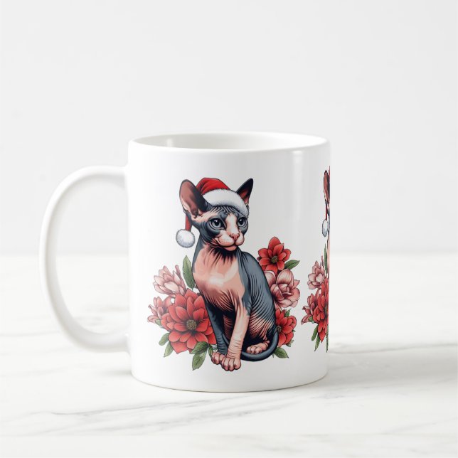 Mug | Chat Sphynx de Noël portant un chapeau de Pè (Gauche)