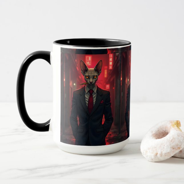 Mug Chat Sphynx Neon Noir dans le style Mafia (Avec donut)