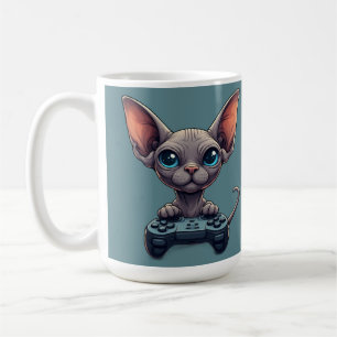 Mug Chat Sphynx tenant une manette de jeu