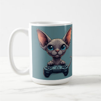 Mug Chat Sphynx tenant une manette de jeu