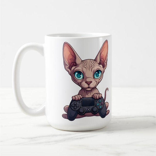 Mug Chat Sphynx tenant une manette de jeu (Gauche)